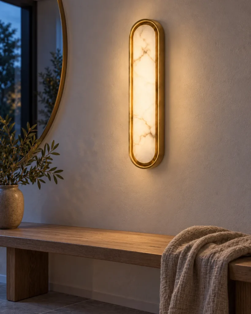 Applique DOLBO, lastra ovale di alabastro con cornice in ottone, LED – all'ingresso sopra una panca in legno, luce serale
