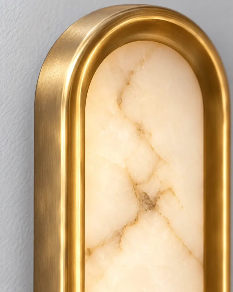Applique DOLBO, lastra ovale di alabastro con cornice in ottone, LED – dettaglio dell'arco superiore e delle venature