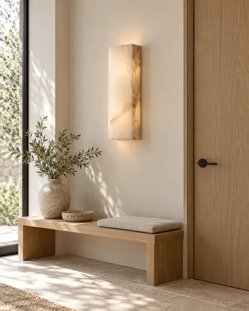 Wandlampe ZILA, Alabaster-Monolith, 65 cm hoch – im Eingangsbereich über einer Holzbank neben der Tür, Tageslicht