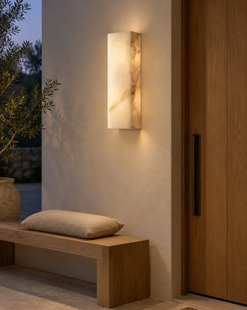 Wandlampe ZILA, Alabaster-Monolith, 65 cm hoch – im Eingangsbereich über einer Holzbank neben der Tür, Abendlicht