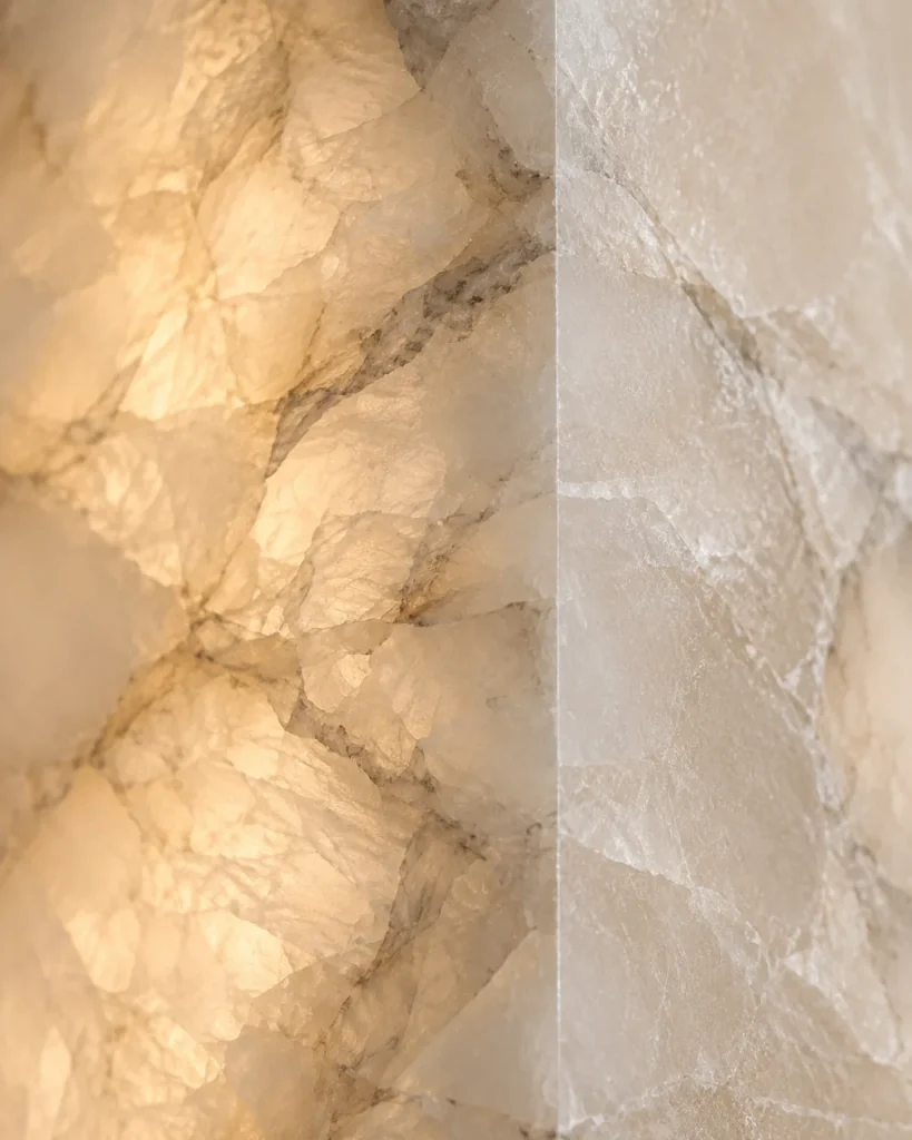 Wandlampe ZILA, Alabaster-Monolith, 65 cm hoch – Detailansicht der Alabasteradern an der Kante