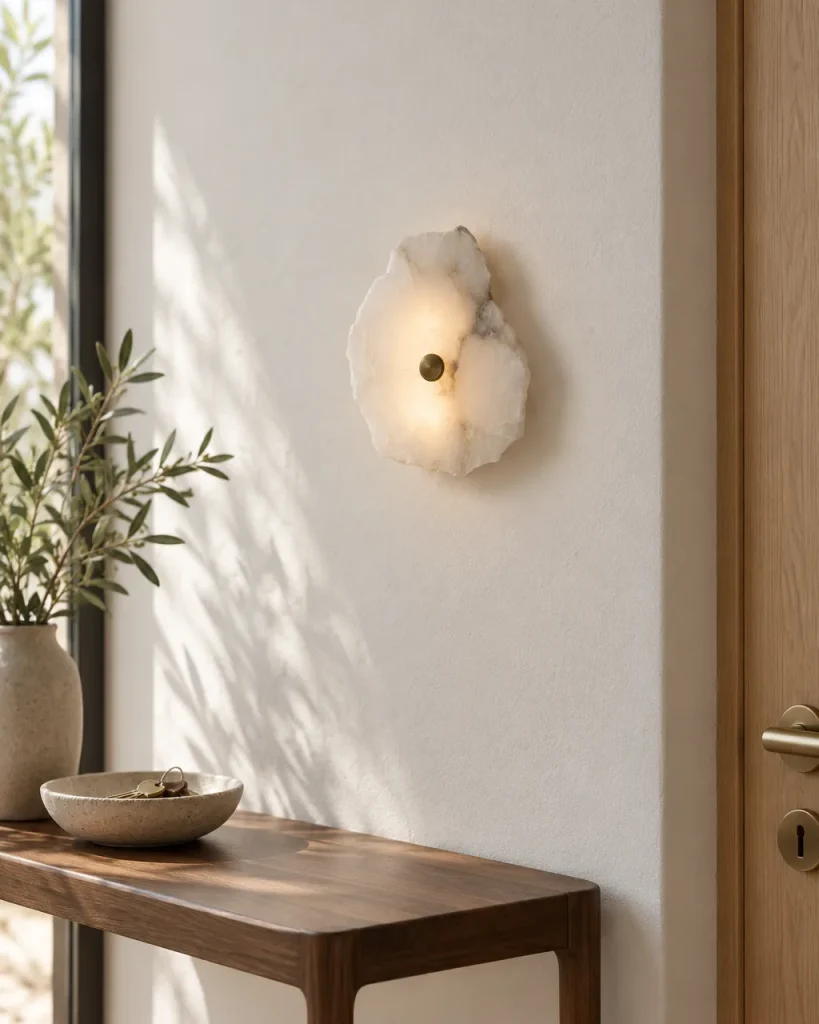 Wandlampe MAART, Alabasterscheiben mit Naturkante, 1 bis 9 – im Eingangsbereich über einer Holzkonsole, Tageslicht
