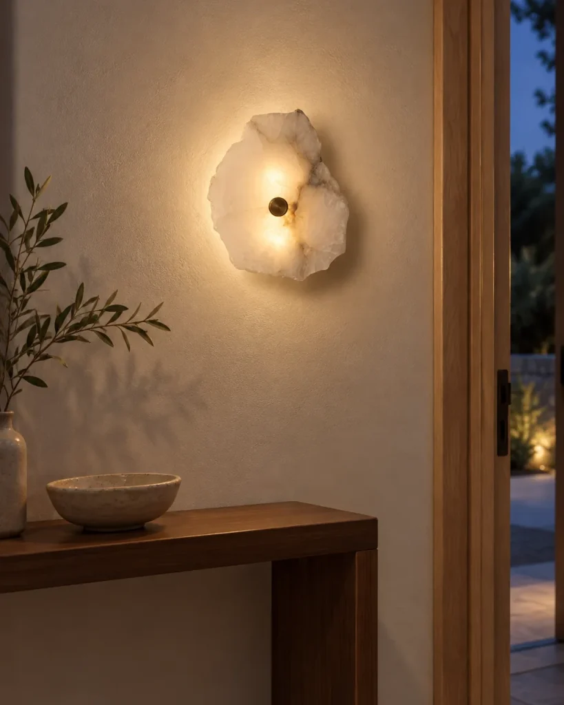 Wandlampe MAART, Alabasterscheiben mit Naturkante, 1 bis 9 – im Eingangsbereich über einer Holzkonsole, Abendlicht