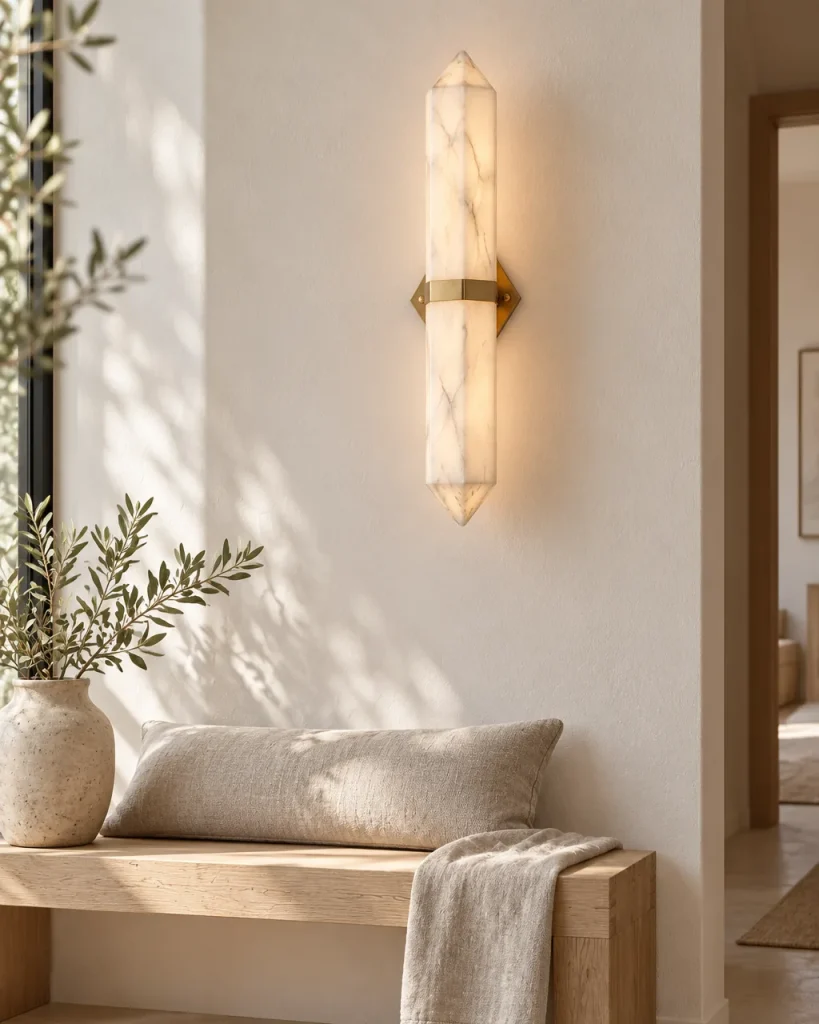 Applique PILBI, obelisco in alabastro con fermaglio in ottone, LED – all'ingresso sopra una panca in rovere, luce diurna
