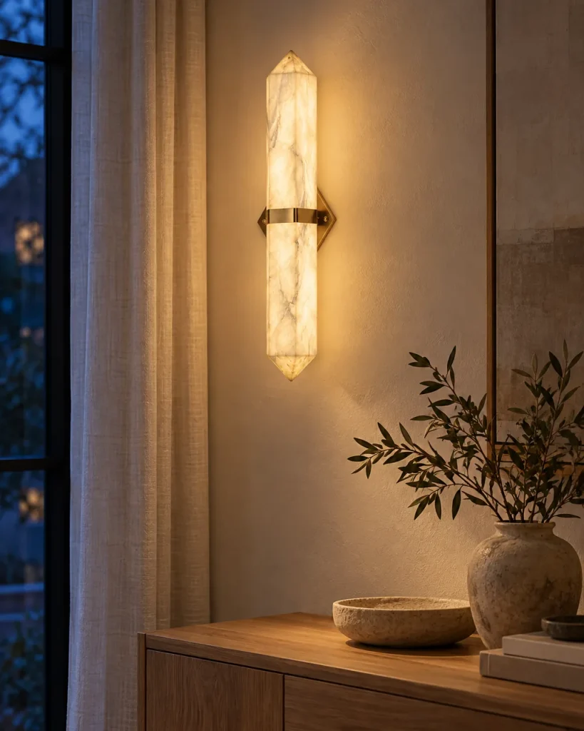 Applique PILBI, obelisco in alabastro con fermaglio in ottone, LED – all'ingresso su una consolle in rovere, luce serale