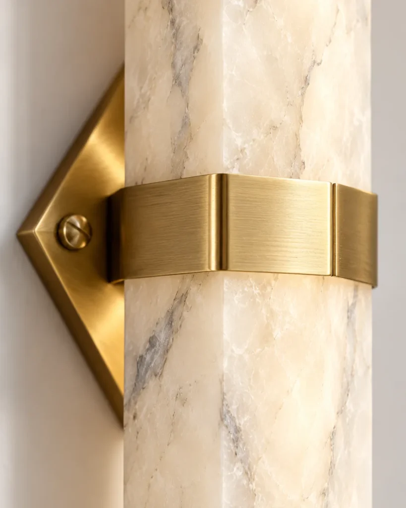 Applique PILBI, obelisco in alabastro con fermaglio in ottone, LED – dettaglio delle venature e del fermaglio