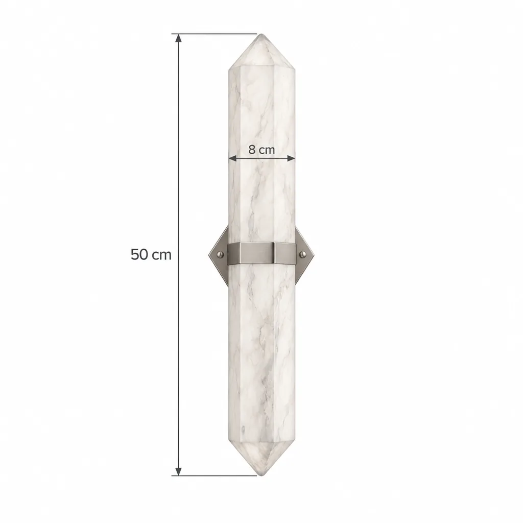 Applique PILBI, obelisco in alabastro con fermaglio in ottone, LED – disegno tecnico con misure 50 cm