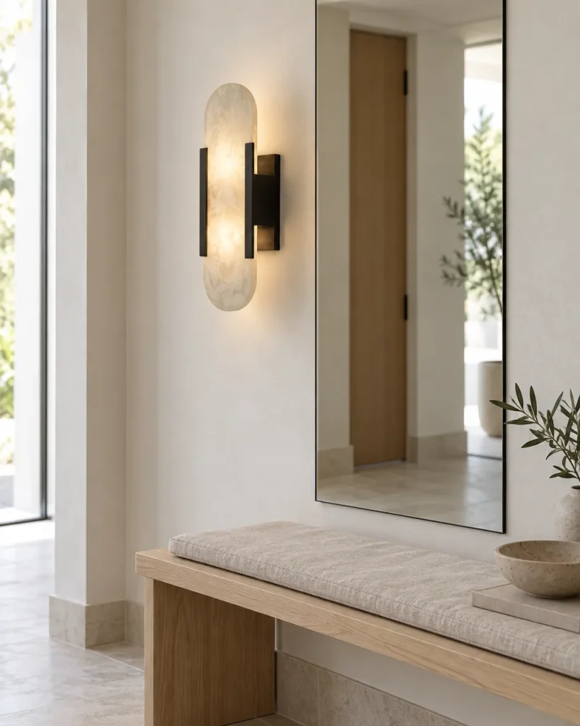Wandlampe MYRIA, Ovale Alabasterplatte im Art-déco-Stil – im Eingangsbereich über einer Eichenbank, Tageslicht