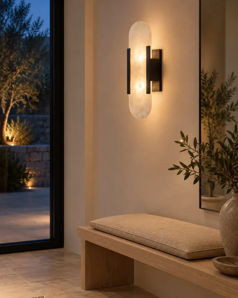 Wandlampe MYRIA, Ovale Alabasterplatte im Art-déco-Stil – im Eingangsbereich über einer Eichenbank, Abendlicht