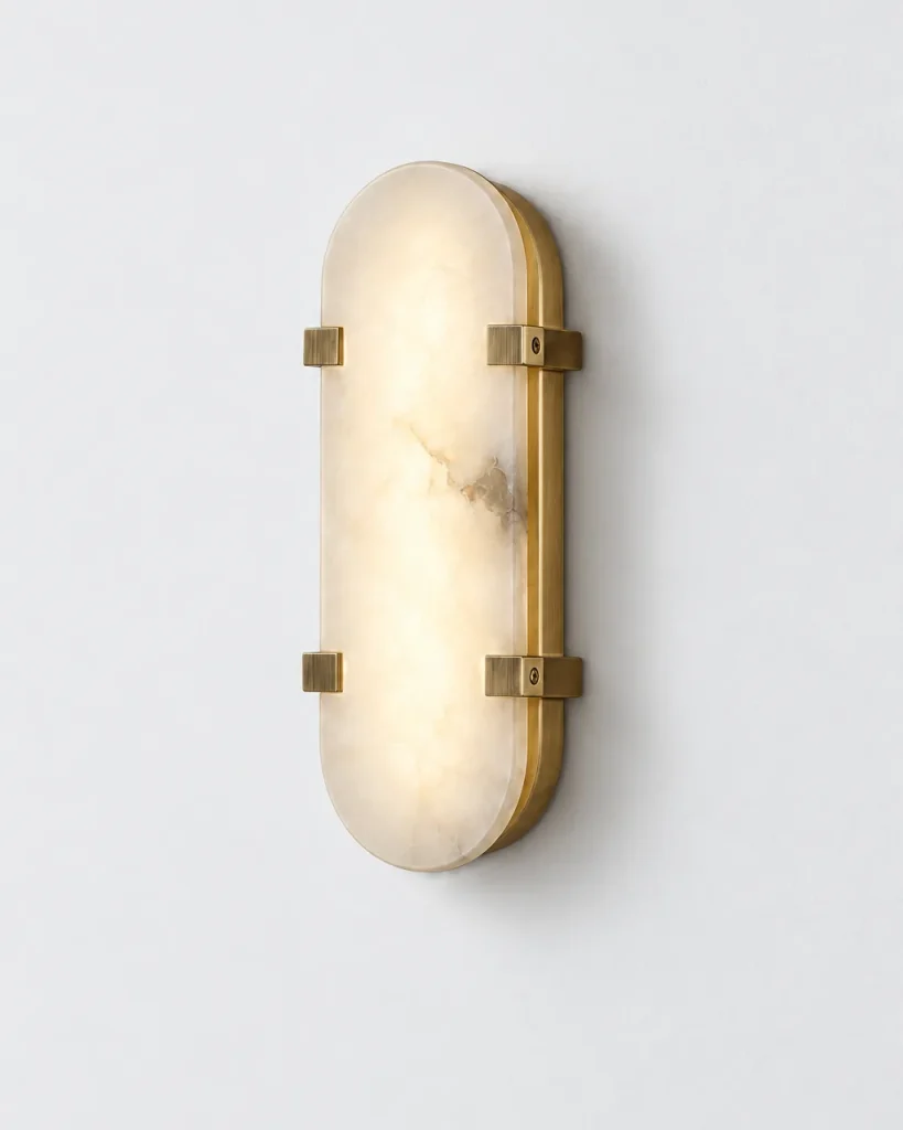 Wandlampe GERCE, Ovale Alabasterplatte mit Metallklammern – Gold mit Alabaster, Produktfoto