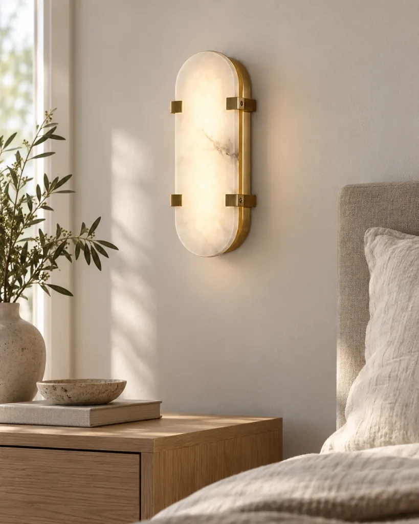 Wandlampe GERCE, Ovale Alabasterplatte mit Metallklammern – im Schlafzimmer über dem Nachttisch, Tageslicht