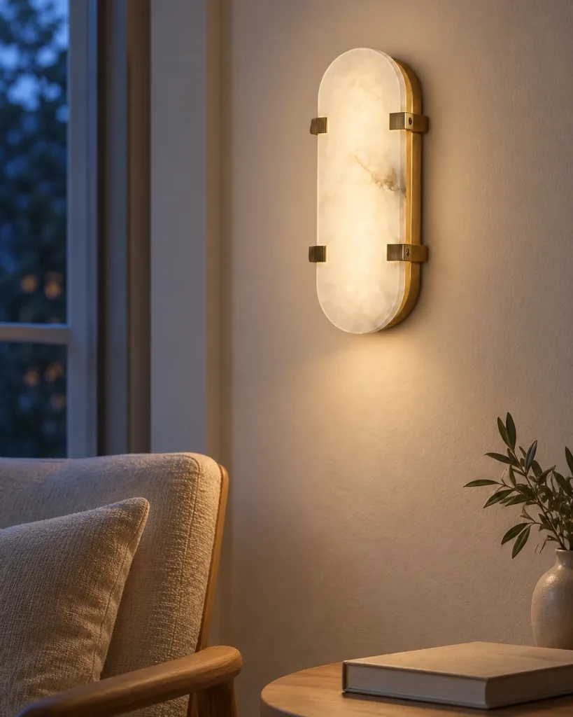 Wandlampe GERCE, Ovale Alabasterplatte mit Metallklammern – im Wohnzimmer neben einem Lesesessel, Abendlicht