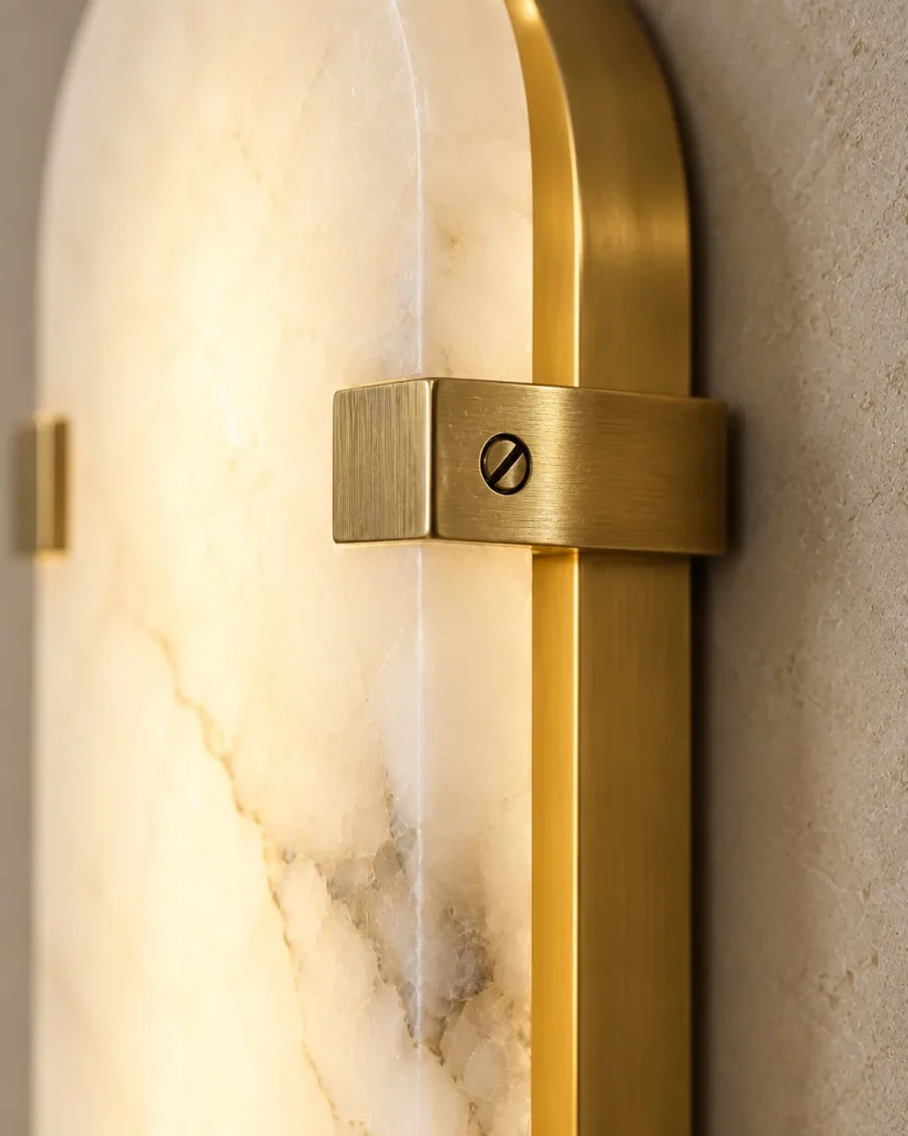 Wandlampe GERCE, Ovale Alabasterplatte mit Metallklammern – Detailansicht der Metallklammer und der Alabasteradern