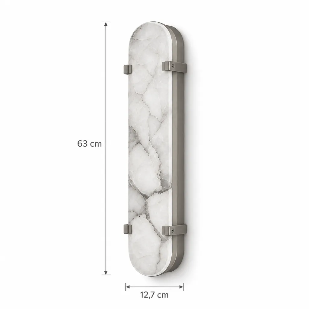 Wandlampe GERCE, Ovale Alabasterplatte mit Metallklammern – Masszeichnung Höhe 63 cm, Breite 12,7 cm