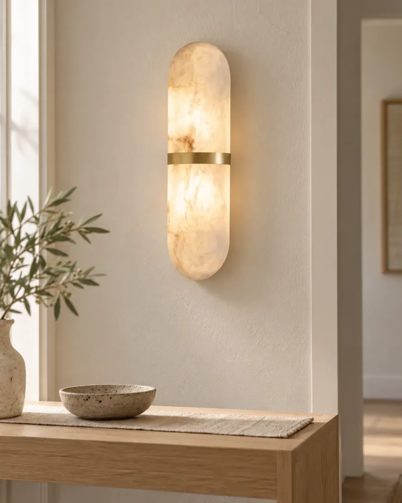Wandlampe AUREA, ovale Alabaster-Leuchte mit Zierband, LED – im Flur über einer Holzkonsole, Tageslicht