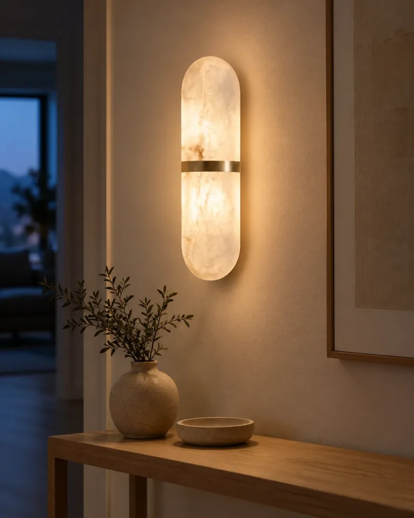 Wandlampe AUREA, ovale Alabaster-Leuchte mit Zierband, LED – im Flur über einer Holzkonsole, Abendlicht