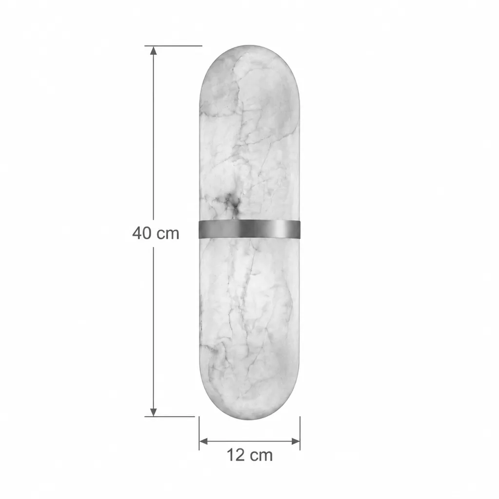 Wandlampe AUREA, ovale Alabaster-Leuchte mit Zierband, LED – Masszeichnung 40 cm hoch, 12 cm breit