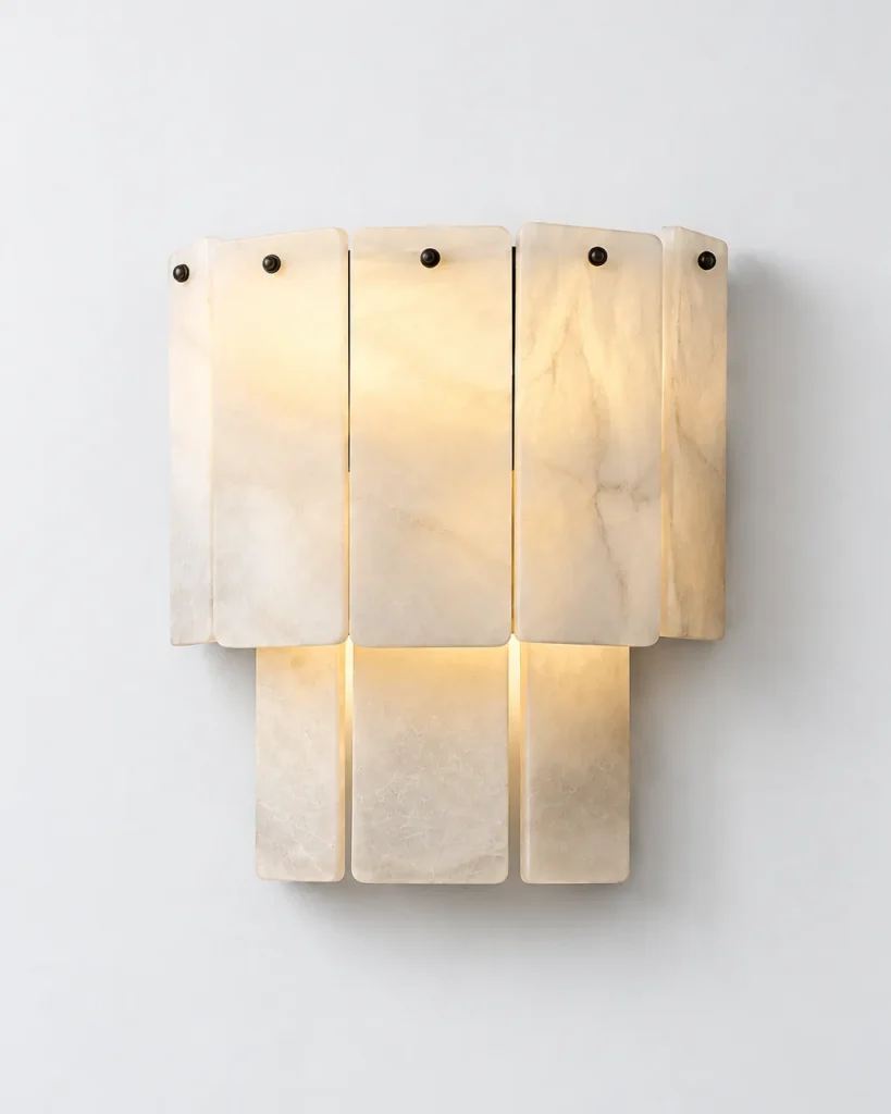 Wandlampe KURJE, Alabaster-Wandleuchte aus Steinplatten – Kaskade, Produktfoto