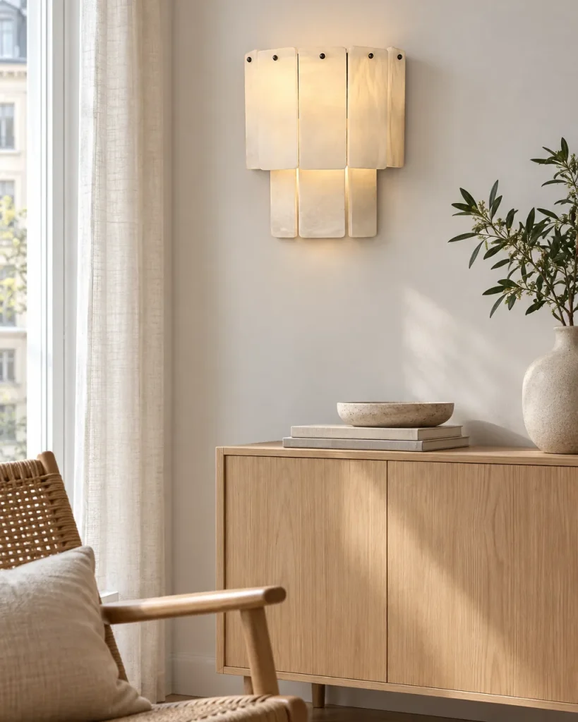 Wandlampe KURJE, Alabaster-Wandleuchte aus Steinplatten – im Wohnzimmer über einem Eichen-Sideboard, Tageslicht