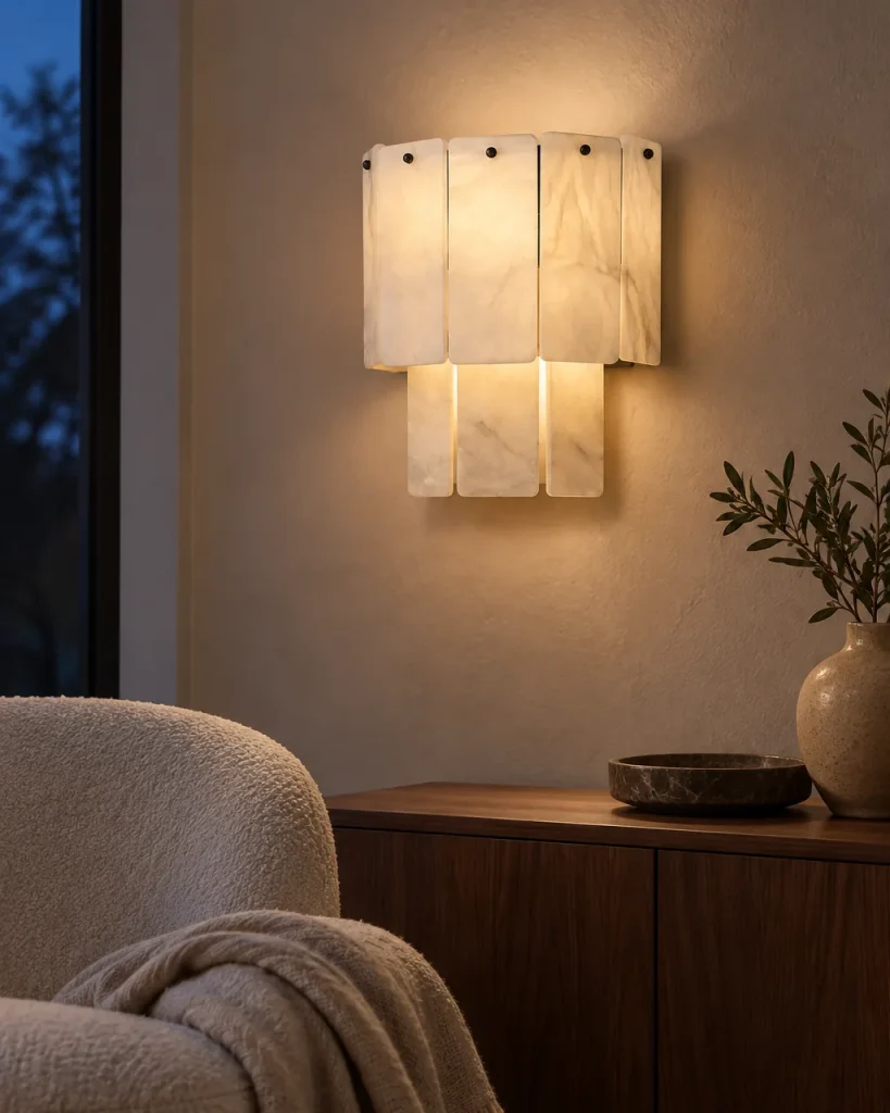 Wandlampe KURJE, Alabaster-Wandleuchte aus Steinplatten – im Wohnzimmer über einem Nussbaum-Sideboard, Abendlicht