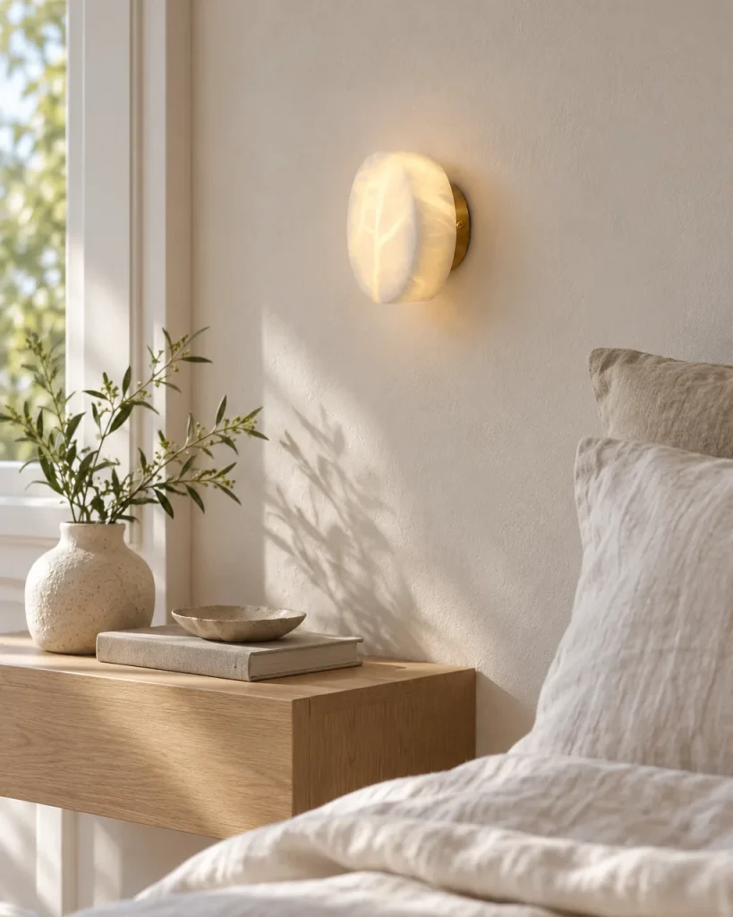 Wandlampe JILVA, Runde Alabaster-Wandleuchte in vier Grössen – im Schlafzimmer über einer Holzablage am Bett, Tageslicht
