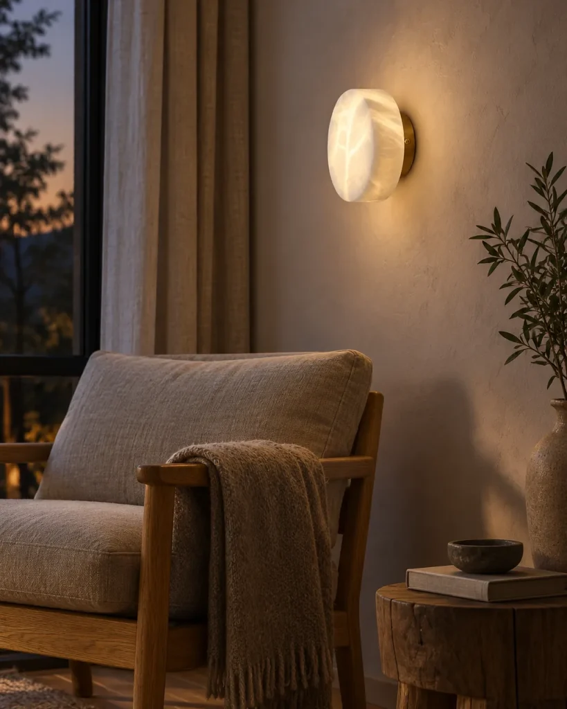 Wandlampe JILVA, Runde Alabaster-Wandleuchte in vier Grössen – im Wohnzimmer neben einem Lesesessel, Abendlicht