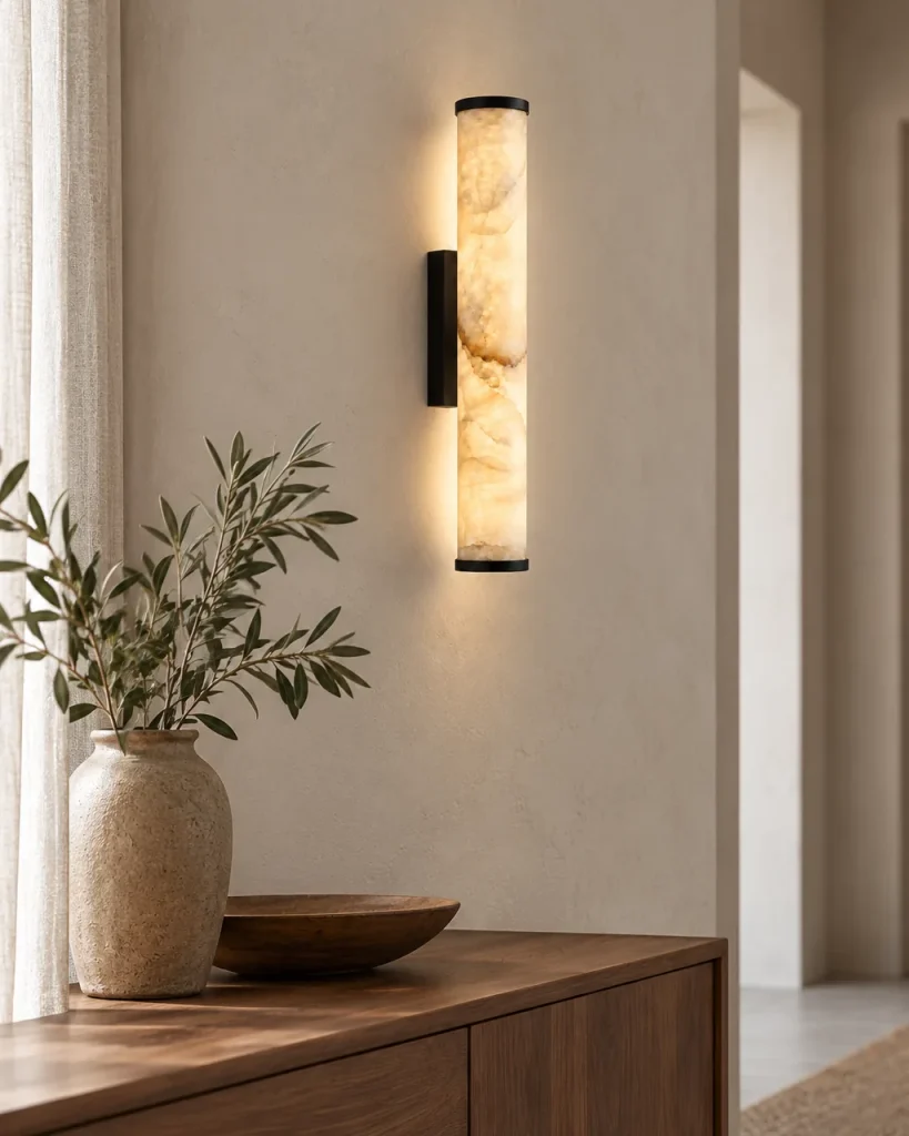 Wandlampe ELDUR, Alabastersäule mit LED, 50 bis 80 cm – im Eingangsbereich über einer Nussbaumkonsole, Tageslicht