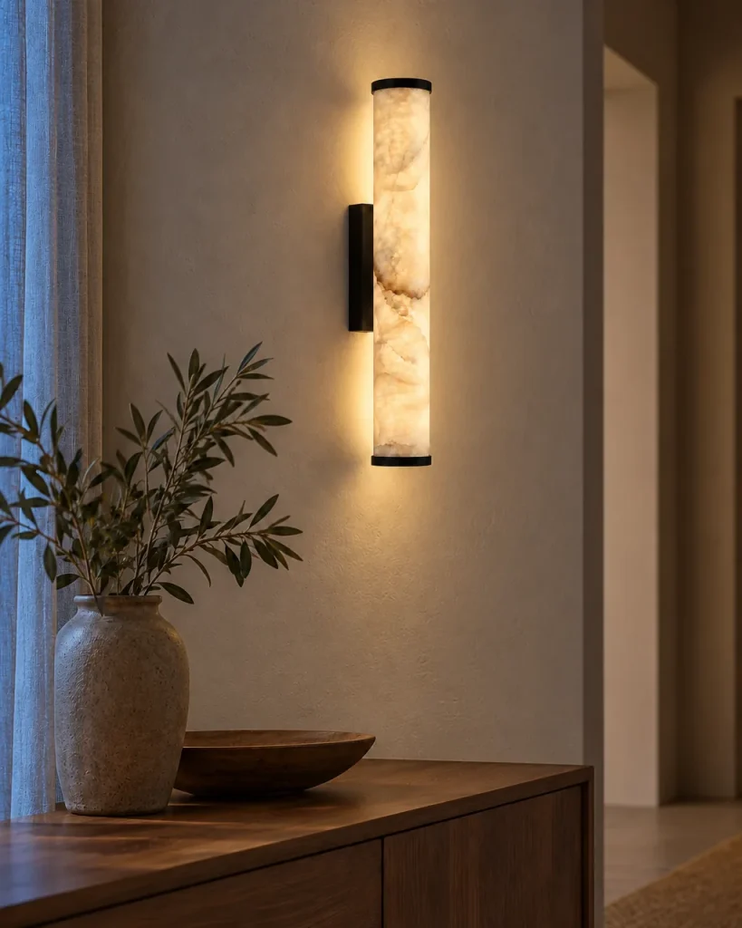 Wandlampe ELDUR, Alabastersäule mit LED, 50 bis 80 cm – im Eingangsbereich über einer Nussbaumkonsole, Abendlicht