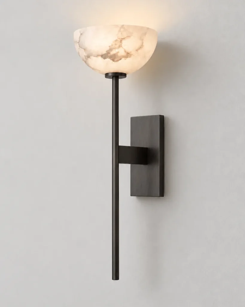 Wandlampe BILCA, Alabasterschale auf schlankem Metallstab – Schwarz, Produktfoto