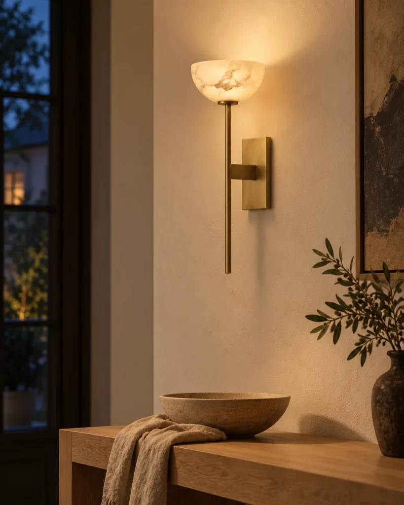 Wandlampe BILCA, Alabasterschale auf schlankem Metallstab – im Flur über einer Holzkonsole, Abendstimmung