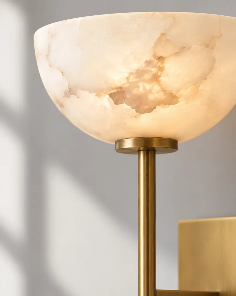 Wandlampe BILCA, Alabasterschale auf schlankem Metallstab – Detailansicht der Alabasterschale mit Adern