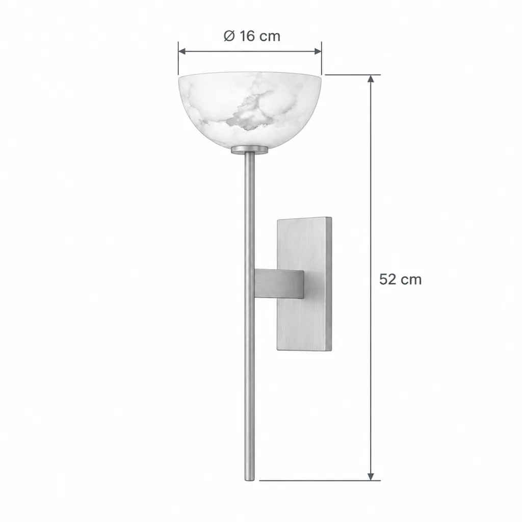 Wandlampe BILCA, Alabasterschale auf schlankem Metallstab – Masszeichnung Ø 16 cm, Höhe 52 cm