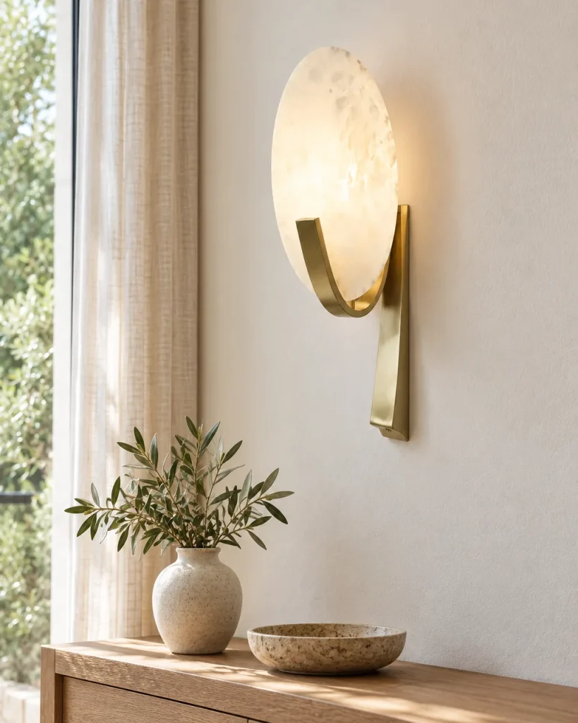 Wandlampe CALNA, Alabasterscheibe in Metallbügel – über einer Holzkonsole mit Vase, Tageslicht