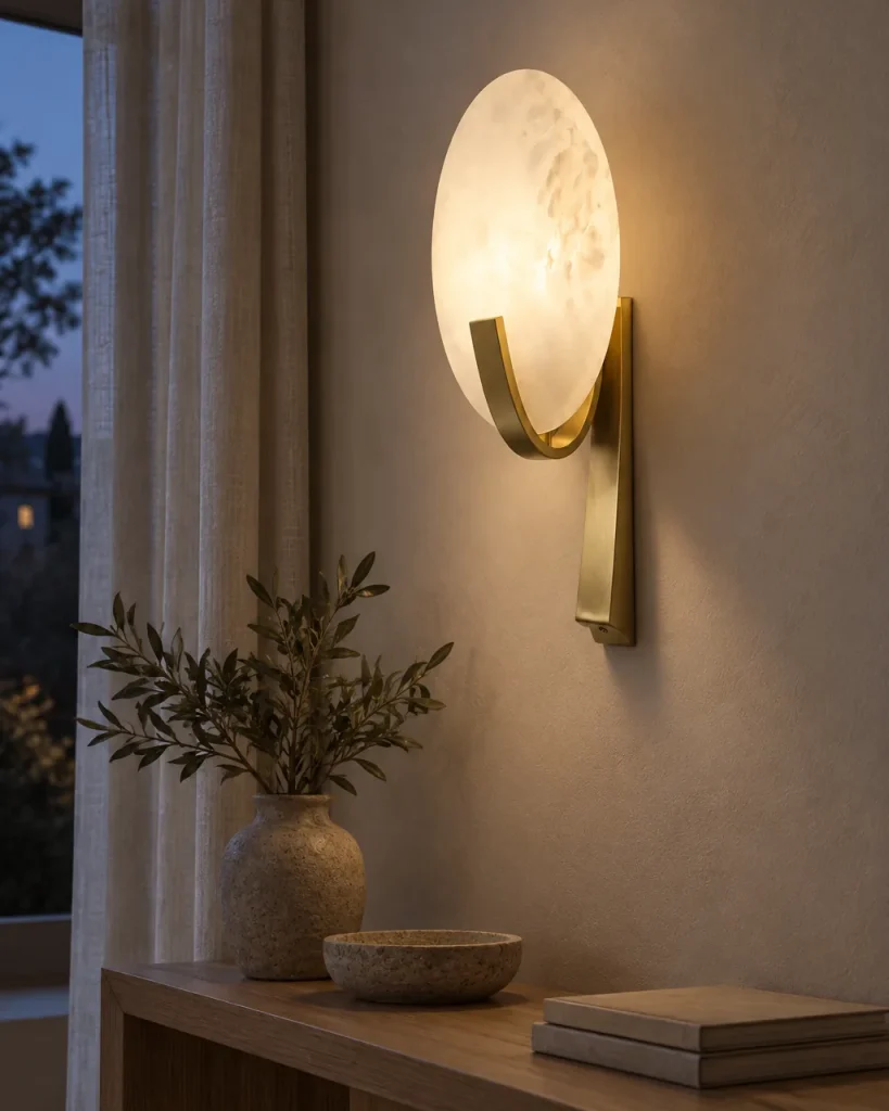 Wandlampe CALNA, Alabasterscheibe in Metallbügel – über einer Holzkonsole mit Vase, Abendlicht