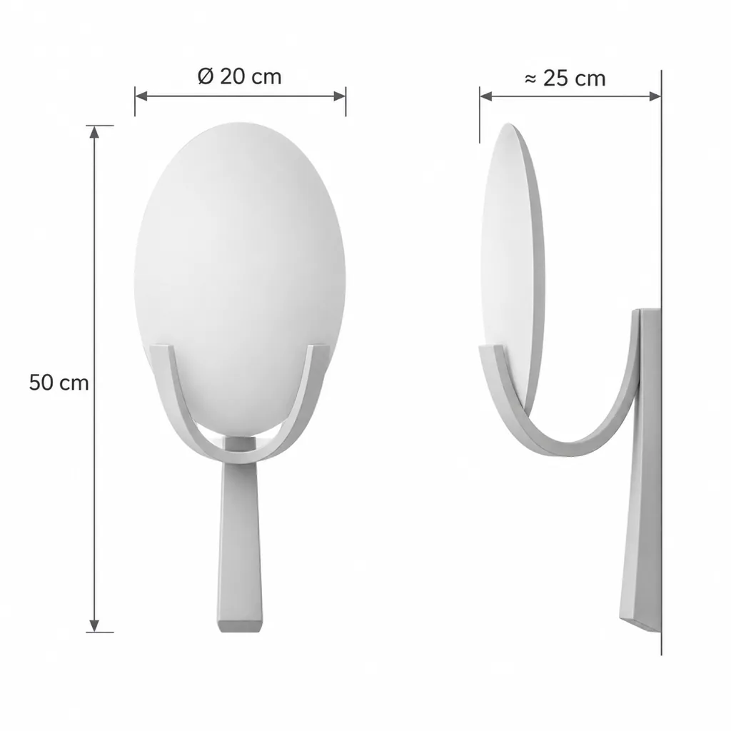 Wandlampe CALNA, Alabasterscheibe in Metallbügel – Masszeichnung Ø 20 cm, Höhe 50 cm