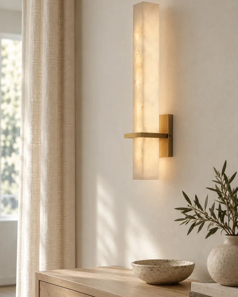 Wandlampe MARPAR, Alabasterstab mit Messingband, 48 cm – im Eingangsbereich über einer Eichenkonsole, Tageslicht