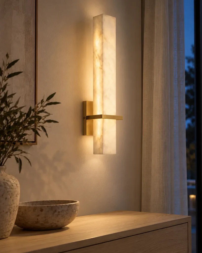 Wandlampe MARPAR, Alabasterstab mit Messingband, 48 cm – im Eingangsbereich über einer Eichenkonsole, Abendlicht