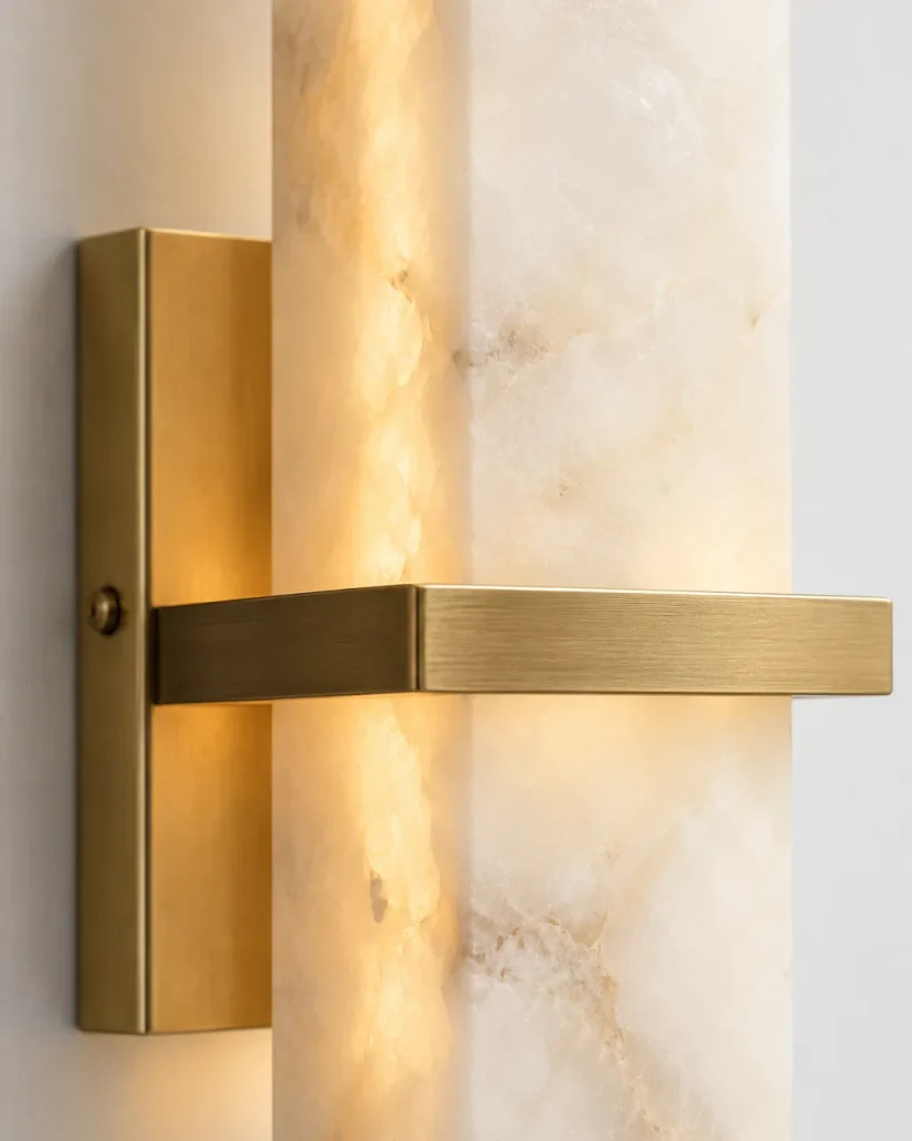 Wandlampe MARPAR, Alabasterstab mit Messingband, 48 cm – Detailansicht der Alabasteradern und des gebürsteten Messingbands