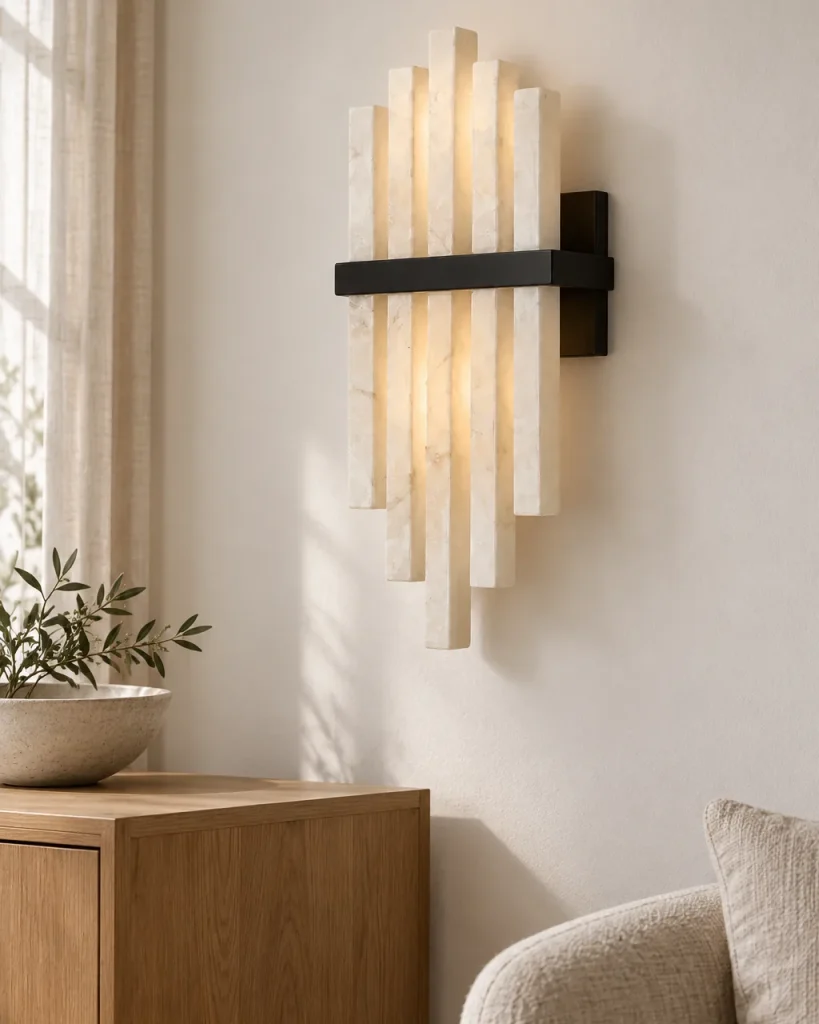 Wandlampe BELBA, Alabaster-Stäbe mit schwarzer Halterung – im Wohnzimmer über einer Holzkommode, Tageslicht