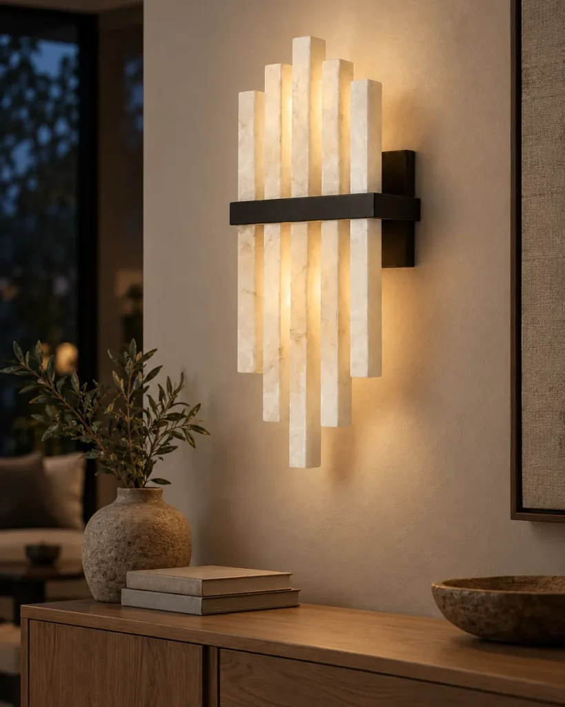 Wandlampe BELBA, Alabaster-Stäbe mit schwarzer Halterung – im Wohnzimmer über einem Holzsideboard, Abendlicht