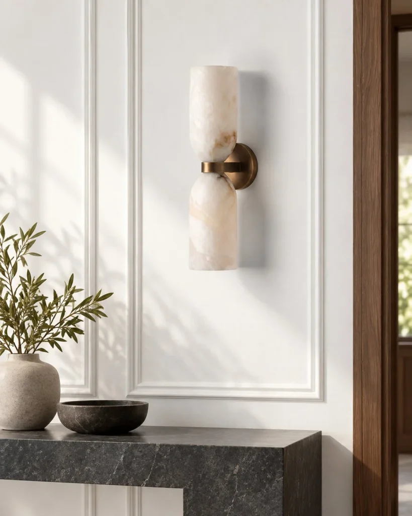 Wandlampe GATE, symmetrische Alabasterleuchte mit Messingdetail – 35 cm im Wohnraum