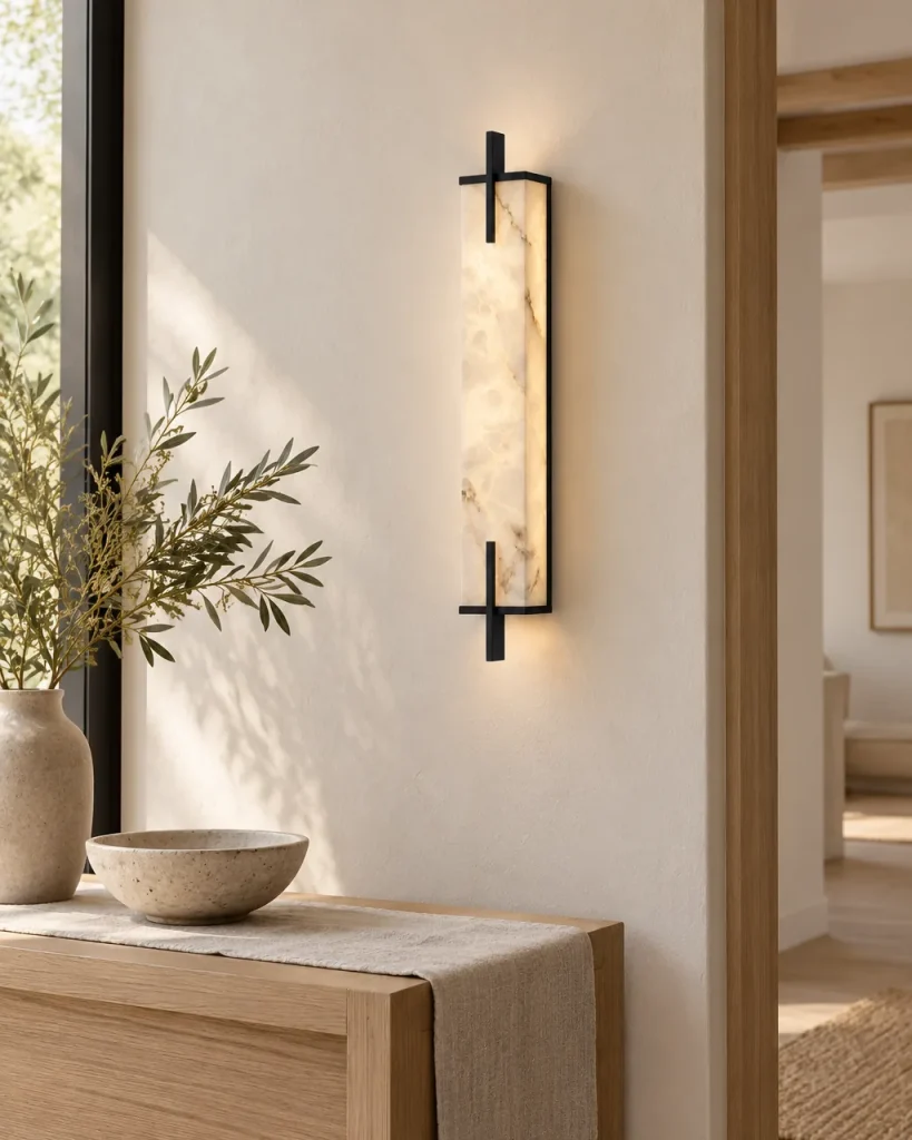 Wandlampe ANDORA, lange Alabastersäule im Messingrahmen – im Flur über einer Holzkonsole, Tageslicht