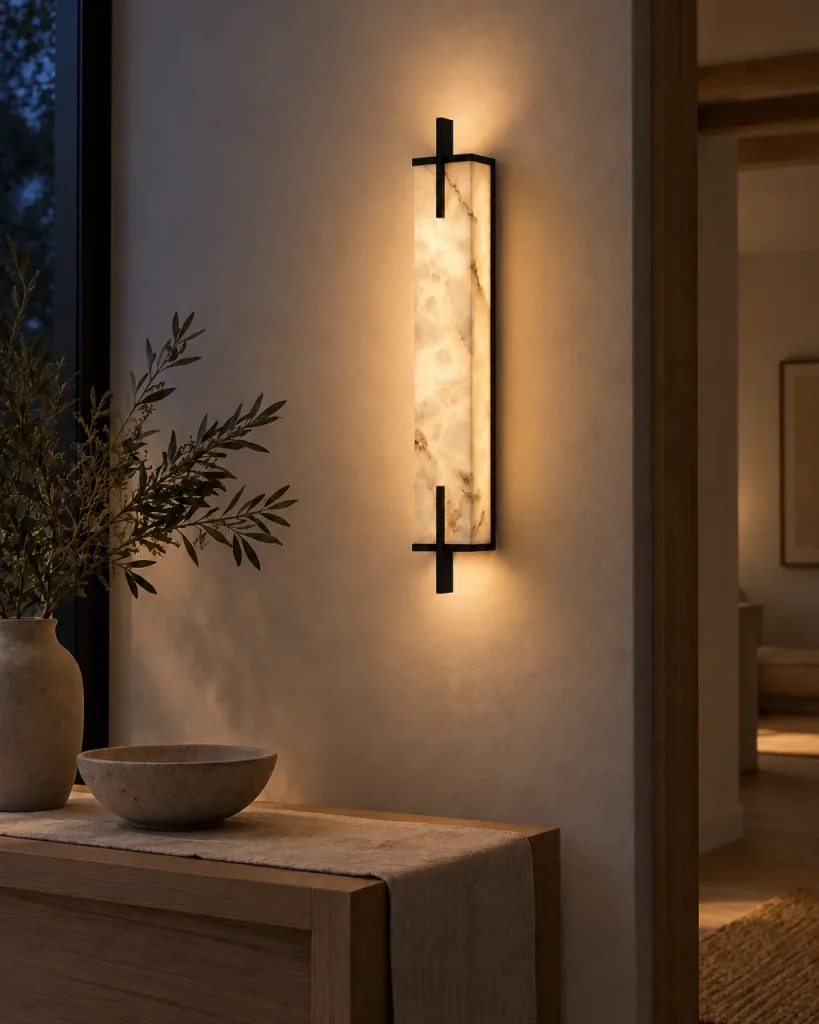 Wandlampe ANDORA, lange Alabastersäule im Messingrahmen – im Flur über einer Holzkonsole, Abendlicht