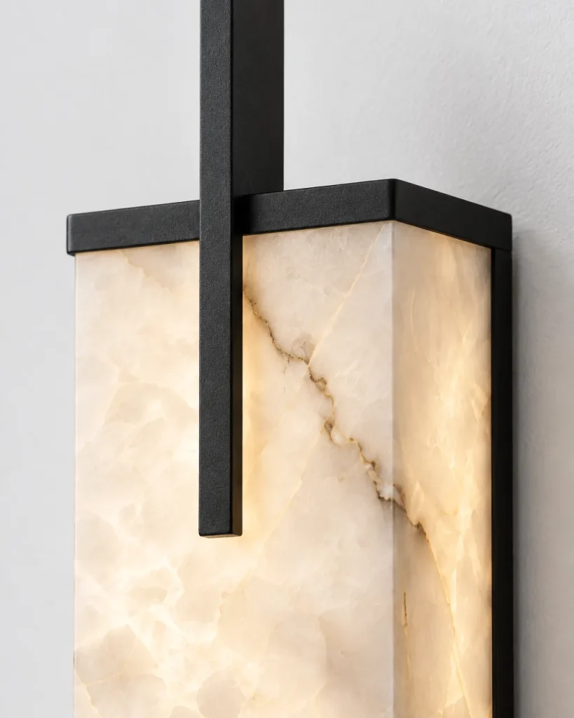 Wandlampe ANDORA, lange Alabastersäule im Messingrahmen – Detailansicht der Alabasteradern und Rahmenhalterung