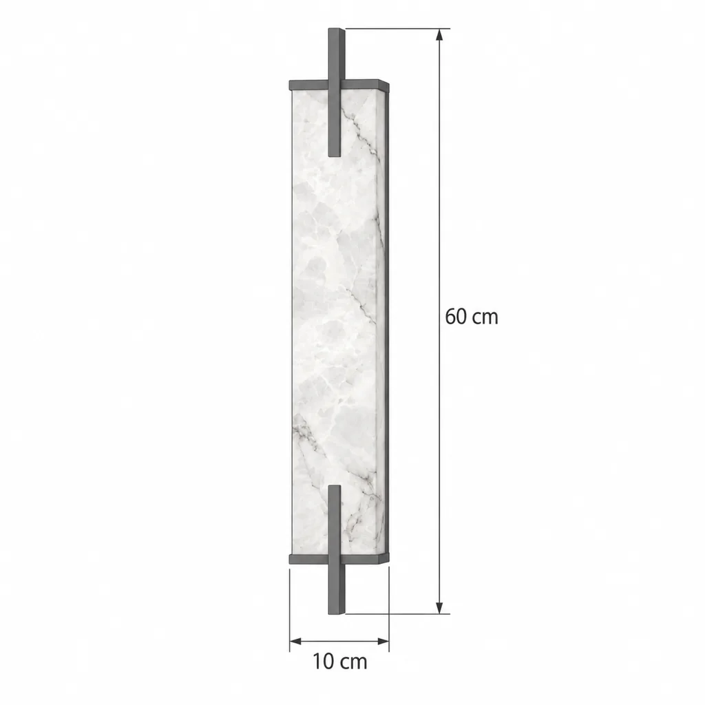 Wandlampe ANDORA, lange Alabastersäule im Messingrahmen – Masszeichnung 60 cm