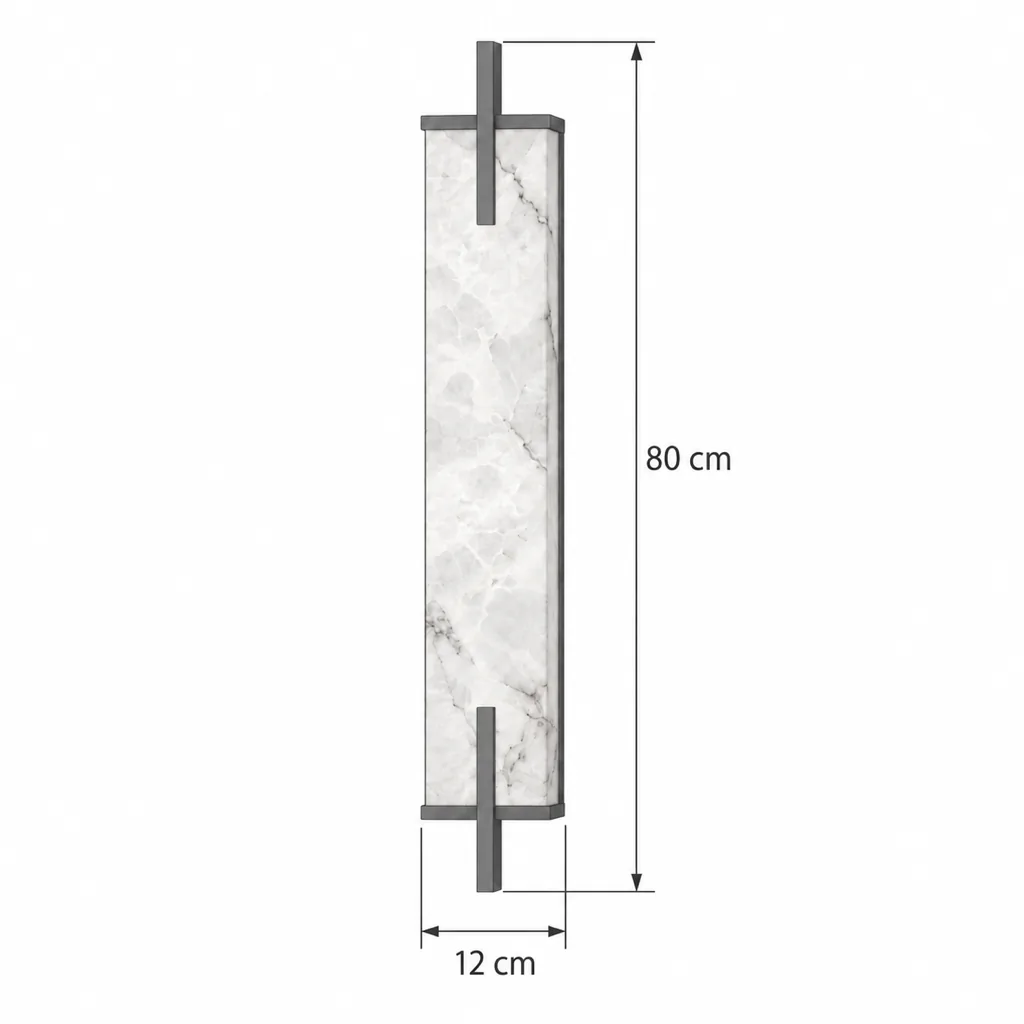 Wandlampe ANDORA, lange Alabastersäule im Messingrahmen – Masszeichnung 80 cm