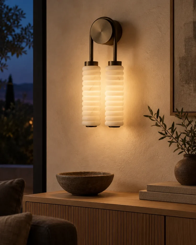 Wandlampe MARKI, Zwei gerippte Steinsäulen am Messingbogen – im Wohnzimmer über einer Holzkommode, Abendlicht