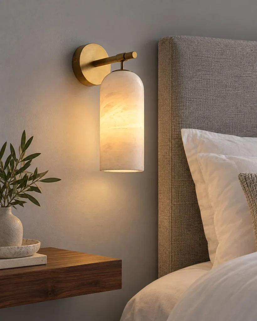 Wandlampe BALSARI, Alabasterzylinder mit Metallhalter – Standard in abendlicher Wohnatmosphäre