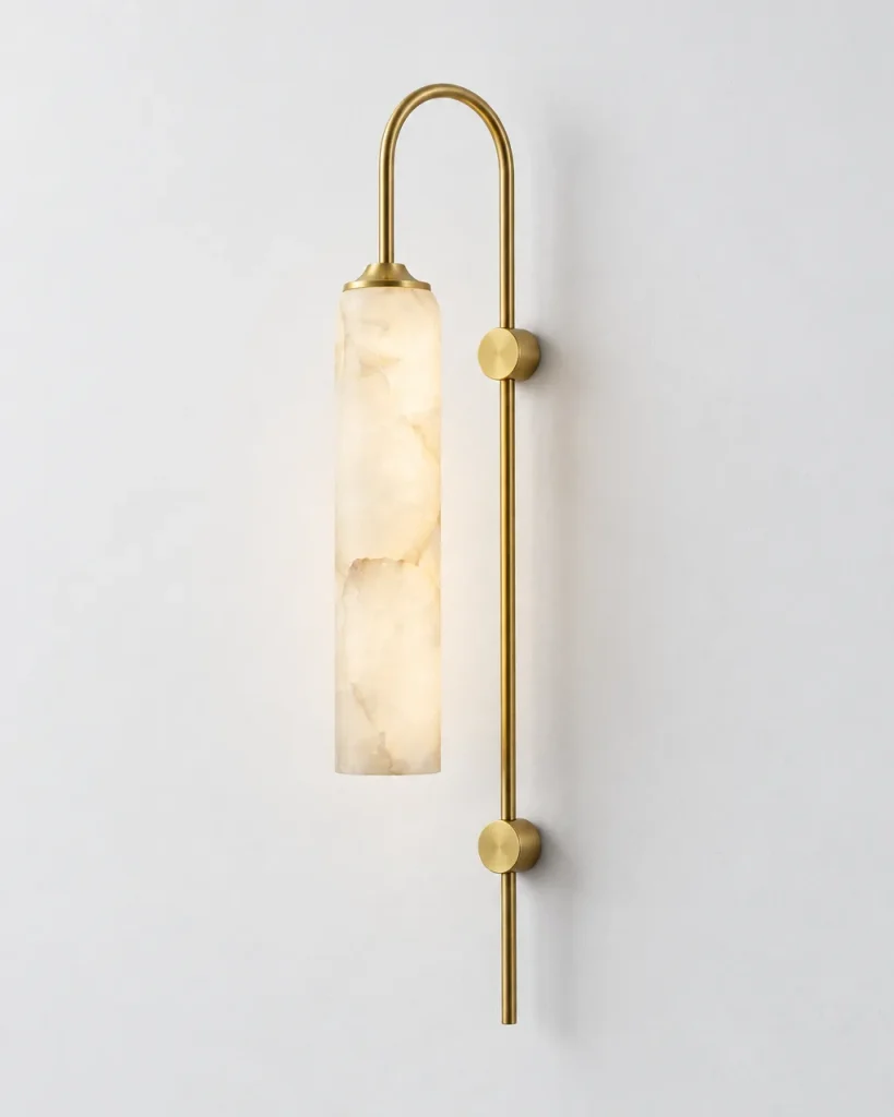 Wandlampe OLZO, Alabasterzylinder am Bogen aus Messing – Gold, Produktfoto