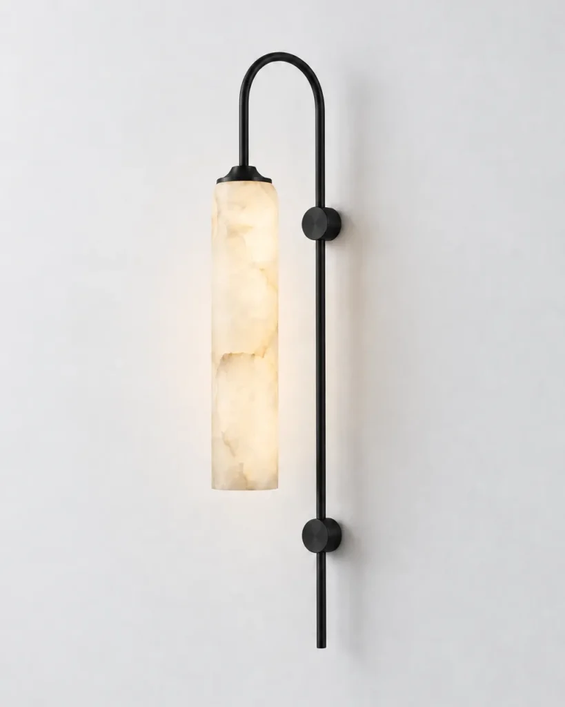 Wandlampe OLZO, Alabasterzylinder am Bogen aus Messing – Schwarz, Produktfoto